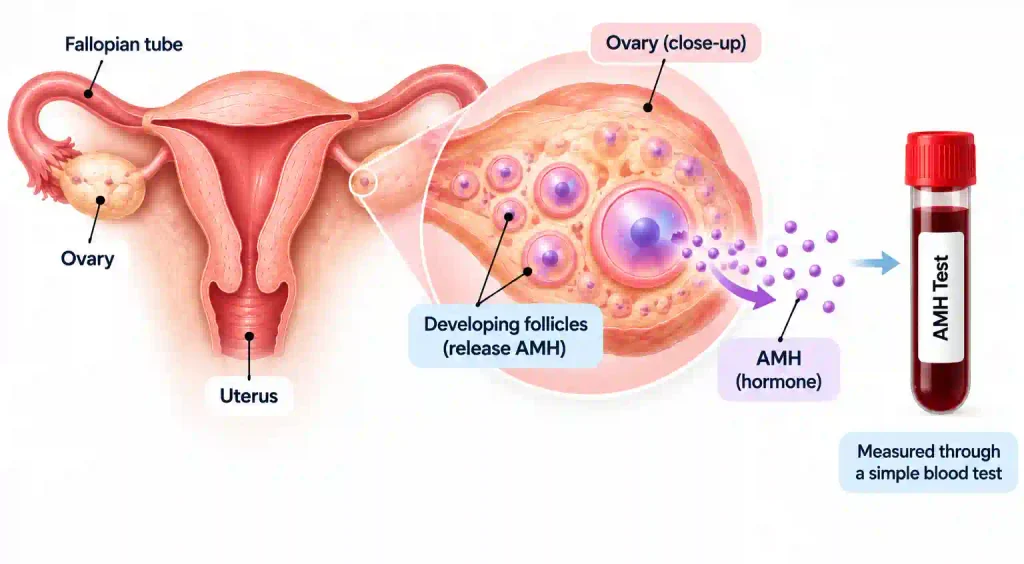 Medical illustration showing ovarian follicles releasing AMH and the hormone being measured through a blood test.