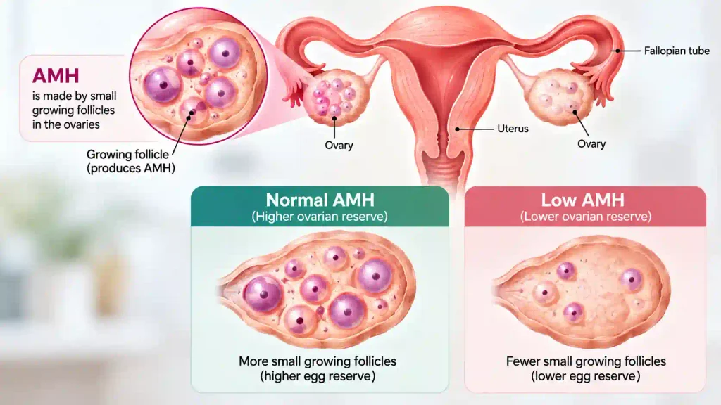Medical infographic showing how low AMH reflects fewer growing ovarian follicles and lower ovarian reserve.