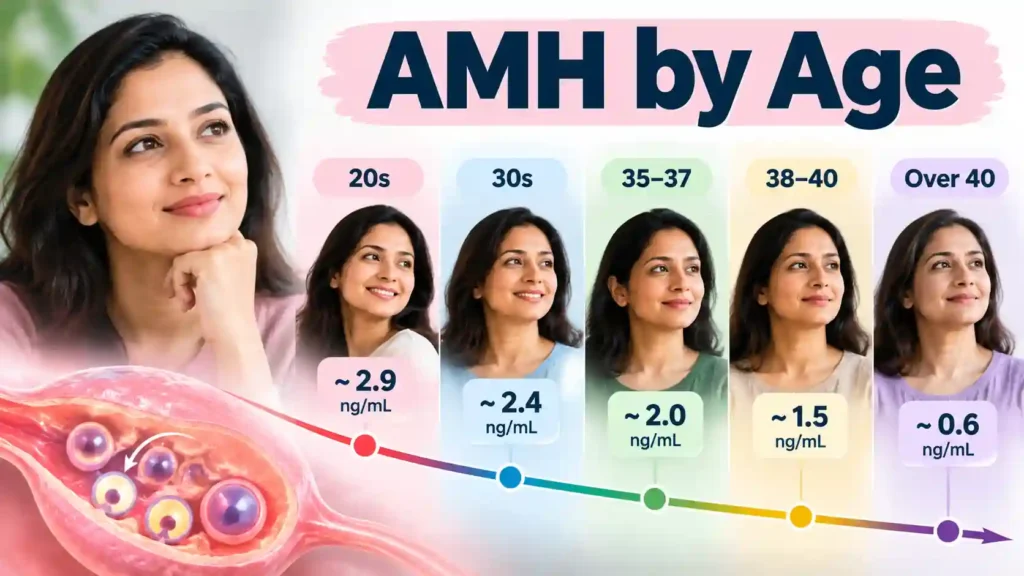AMH levels by age showing the typical decline in AMH from the 20s through the 40s.
