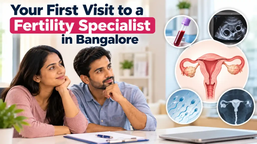 A couple discussing fertility evaluation and initial tests with a fertility specialist in Bangalore.