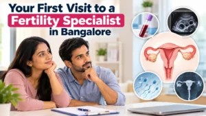 A couple discussing fertility evaluation and initial tests with a fertility specialist in Bangalore.