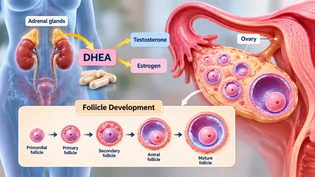 Ovary showing growing follicles and fewer follicles associated with low AMH
