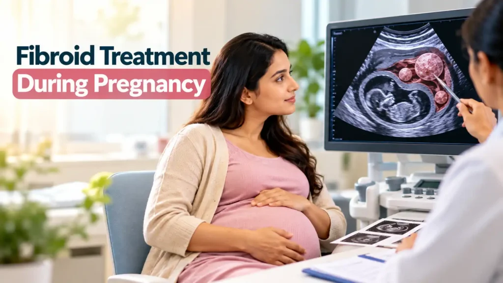 Pregnant woman viewing a uterine fibroid scan during pregnancy care