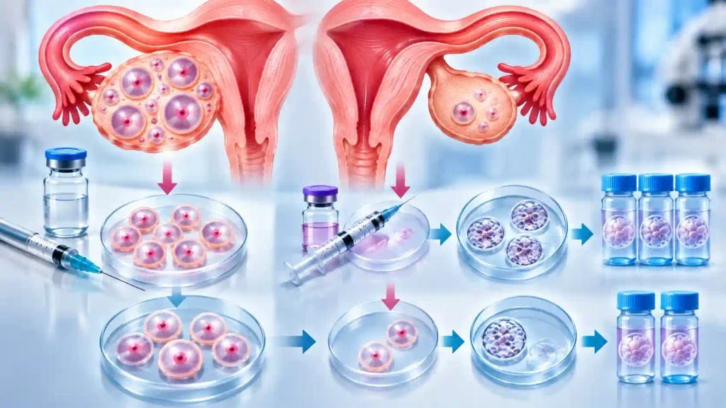 IVF illustration showing low AMH, fewer follicles, egg retrieval, embryo development, and embryo banking