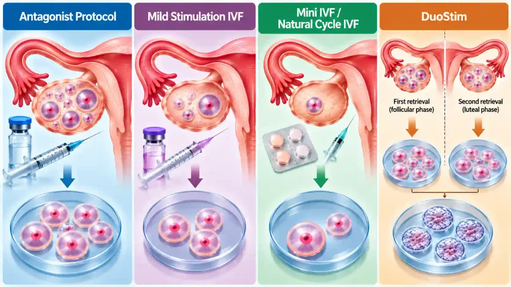 Medical infographic comparing antagonist protocol, mild stimulation IVF, mini IVF, natural cycle IVF, and DuoStim for low AMH
