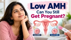 Low AMH pregnancy infographic showing ovarian reserve and natural conception