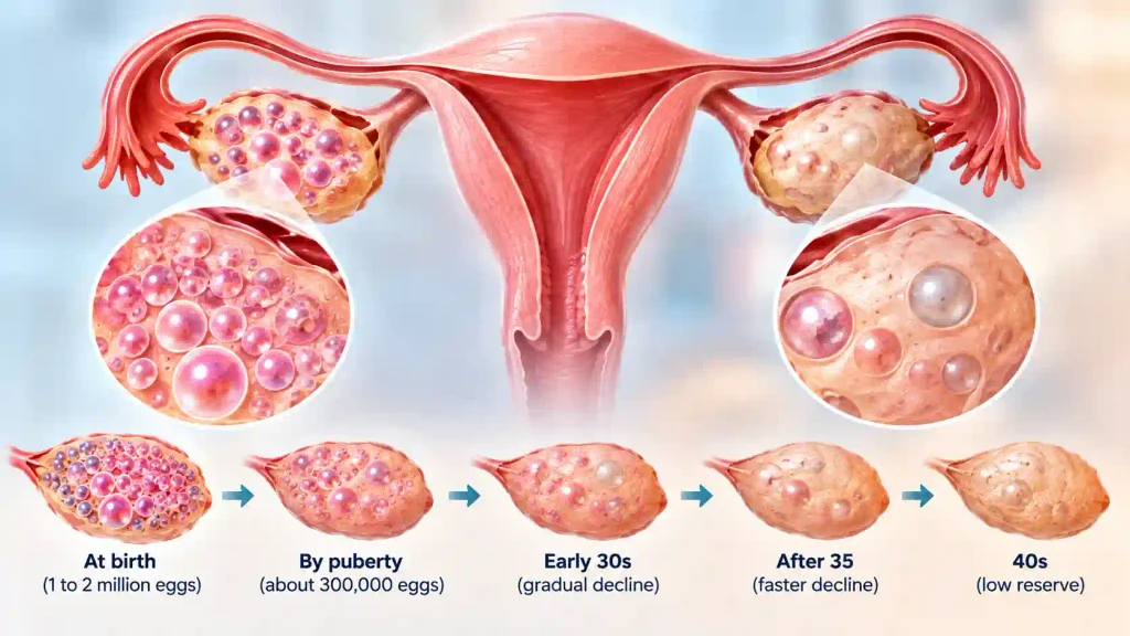 Medical illustration showing ovarian reserve and the gradual decline in egg supply with age