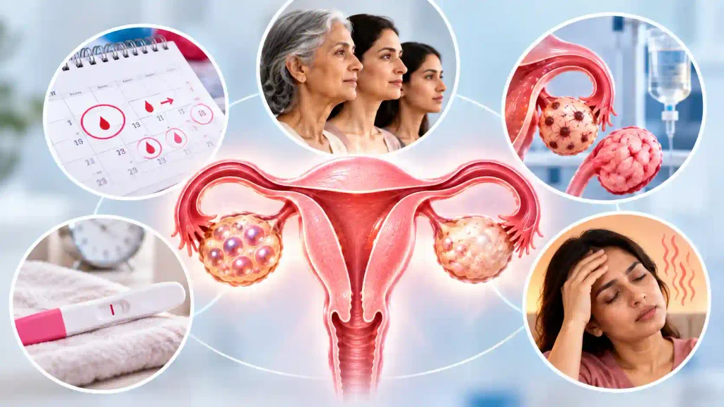 Medical illustration showing signs and risk factors associated with declining ovarian reserve