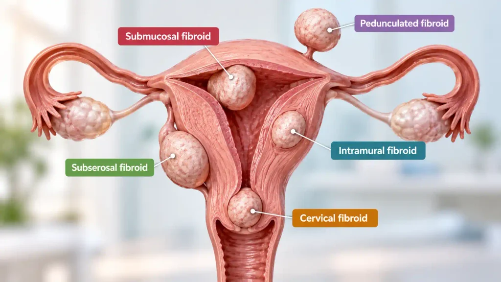 Types of uterine fibroids showing submucosal, intramural, subserosal, pedunculated, and cervical locations.